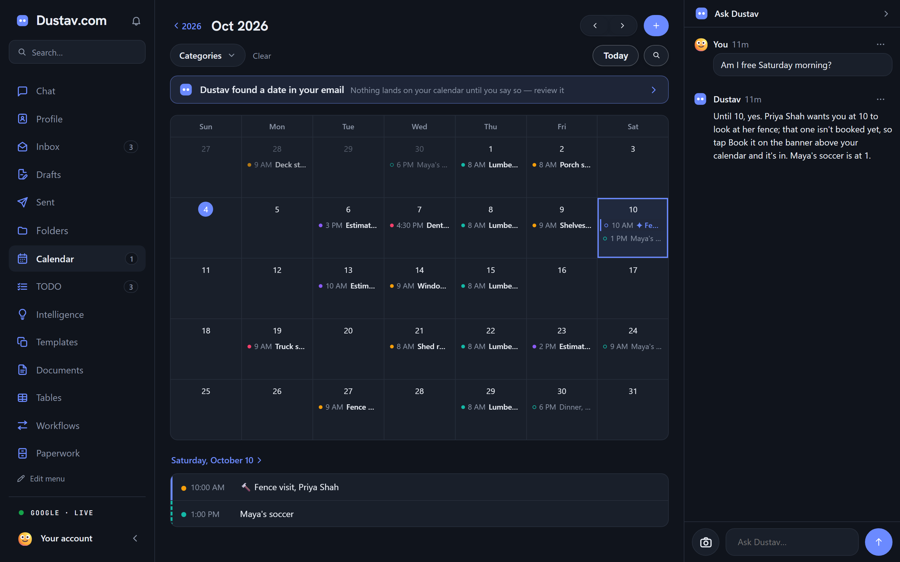 The Calendar tab in Dustav: Dates from your email, one tap to book.