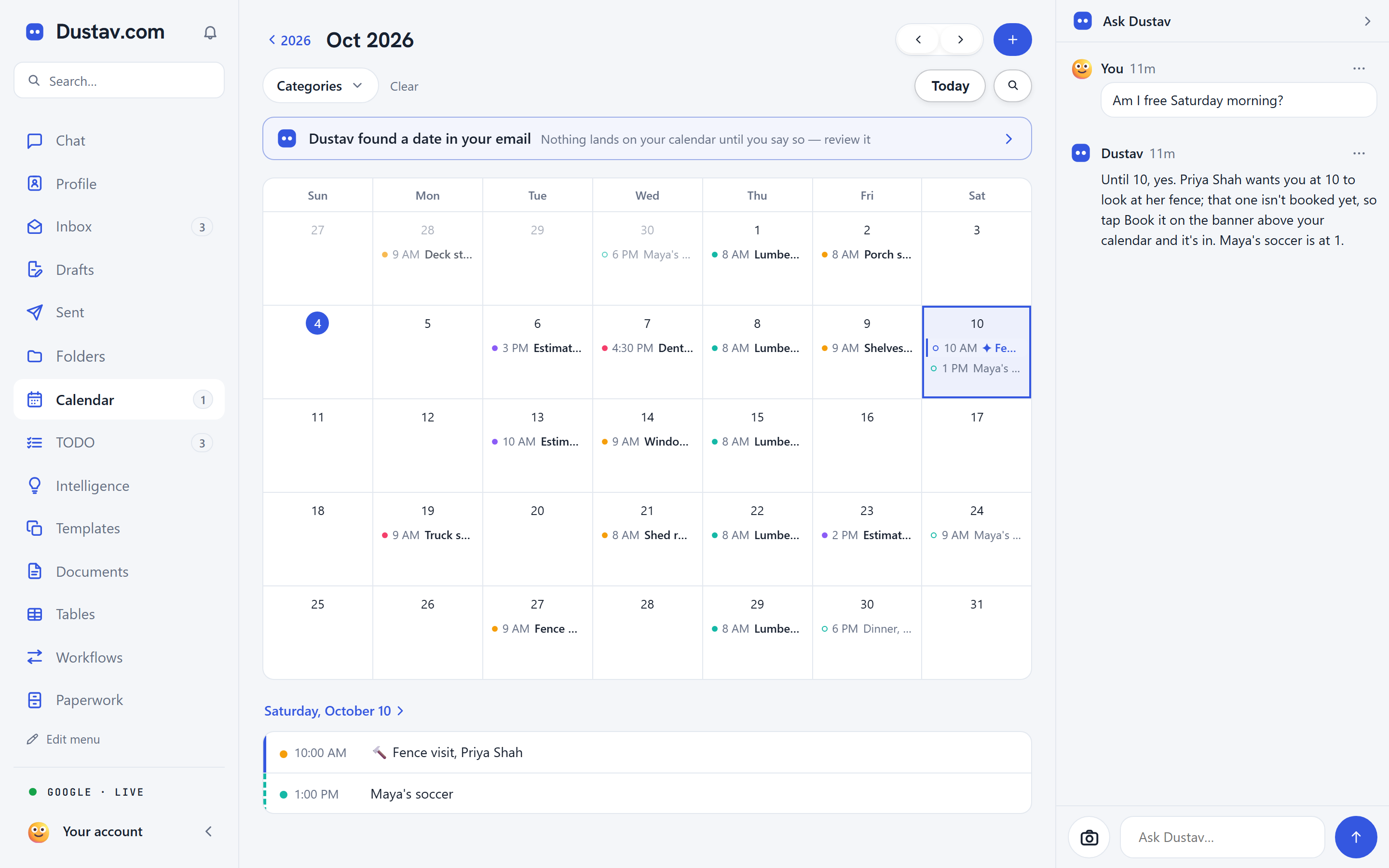 The Calendar tab in Dustav: Dates from your email, one tap to book.