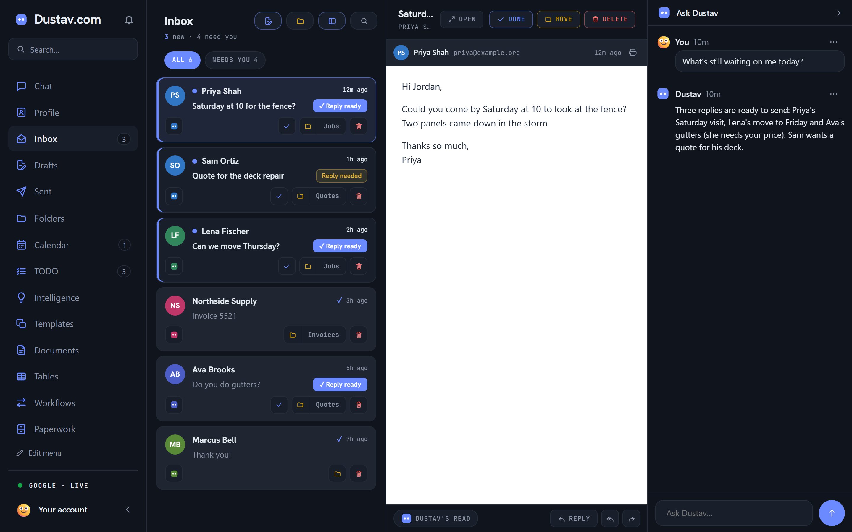 The Inbox tab in Dustav: Every email read. The reply's already written.