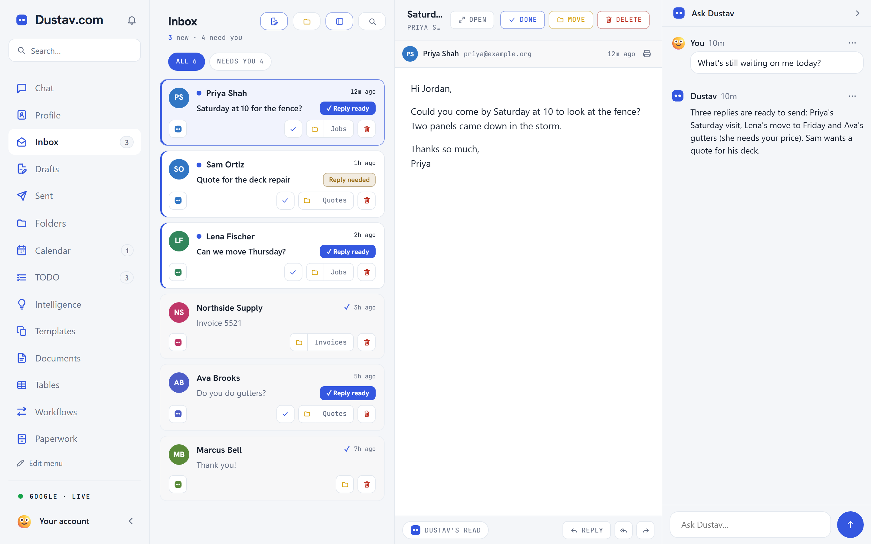 The Inbox tab in Dustav: Every email read. The reply's already written.