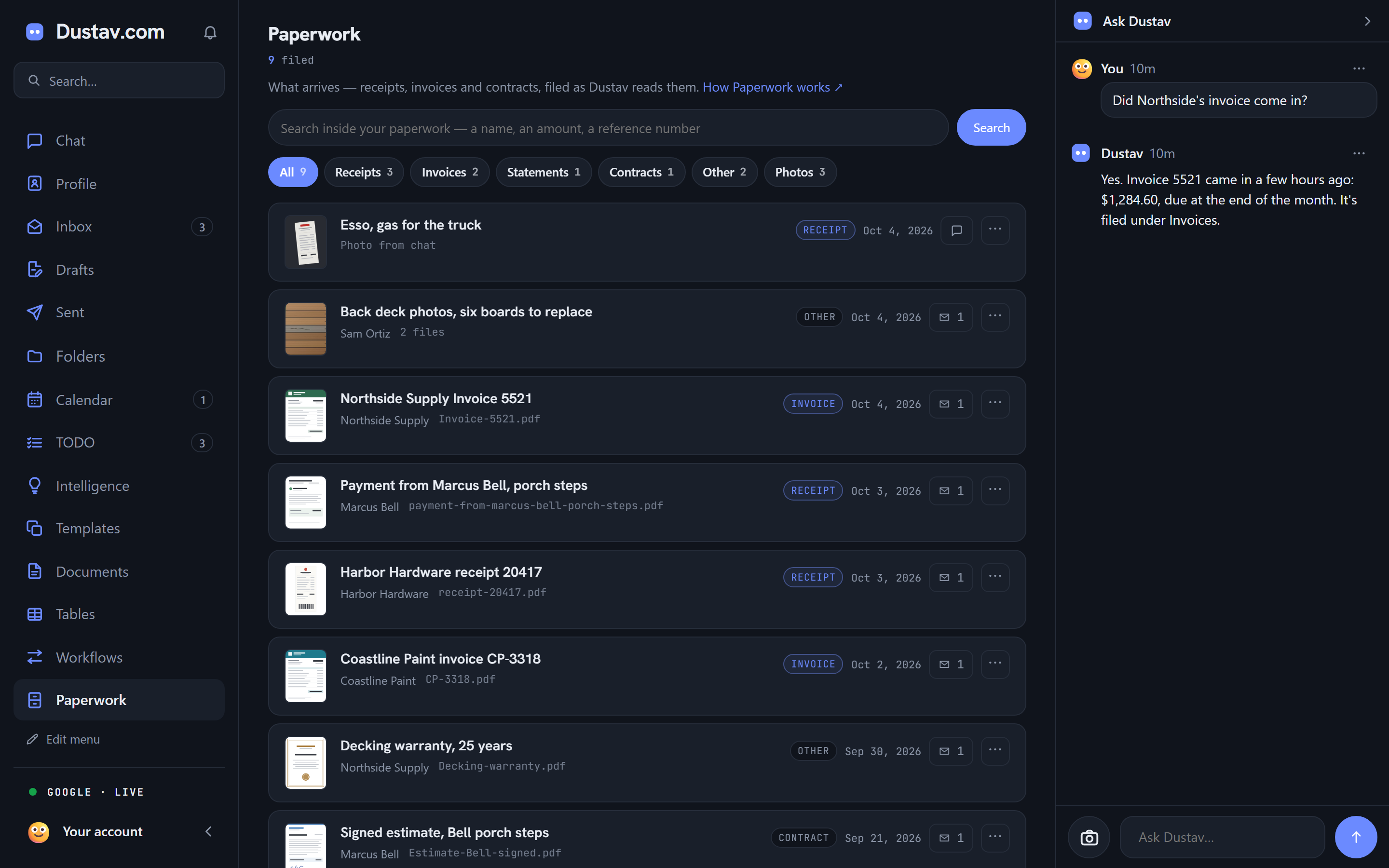 The Paperwork tab in Dustav: Every invoice and receipt, filed.